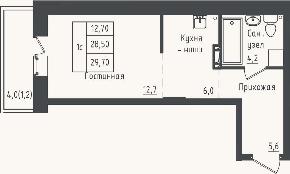 Планировка: Студия, 28,5 м²