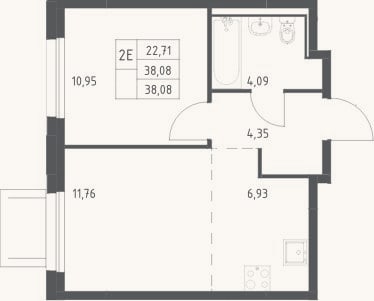 Планировка: 2-к, 38,1 м²