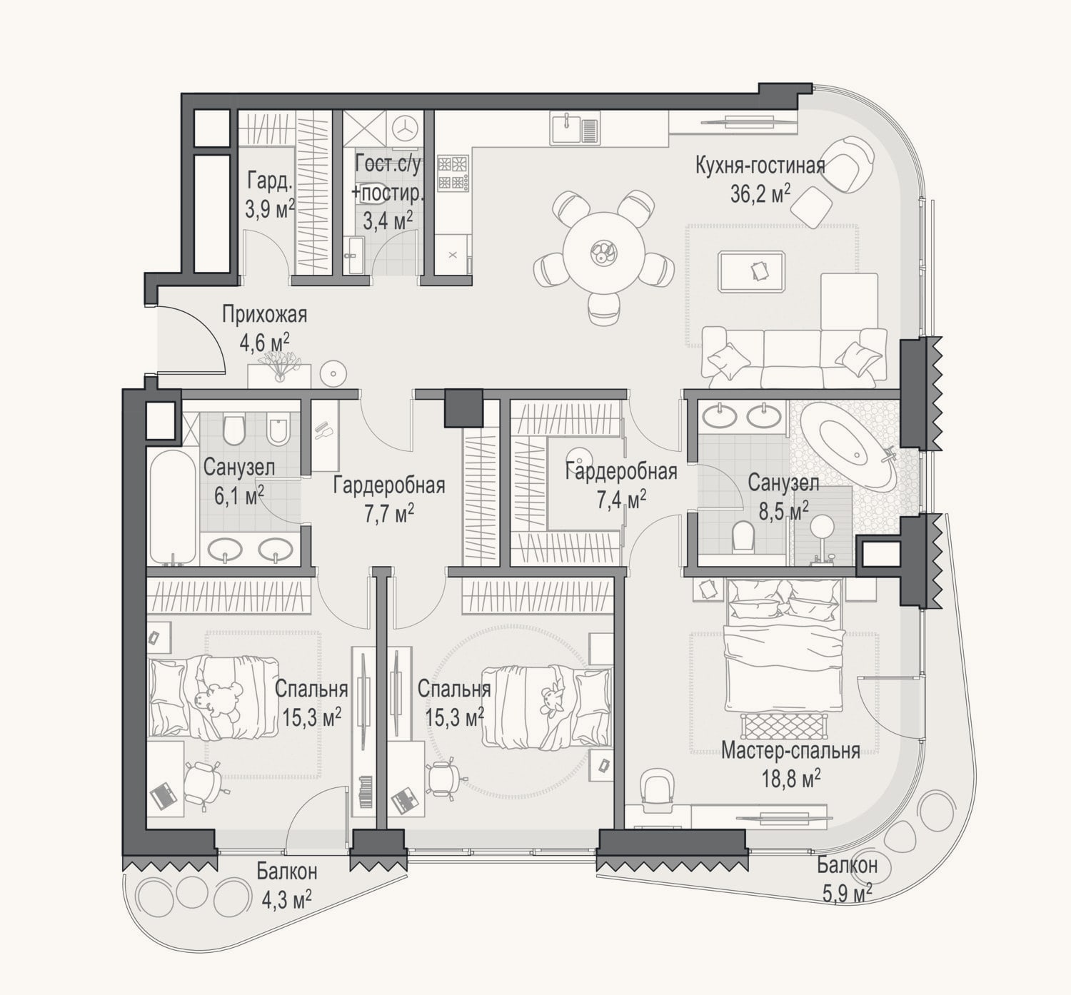 Планировка: 4+ к, 126,9 м²