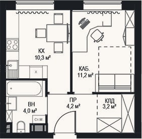 Планировка: 1-к, 32,9 м²