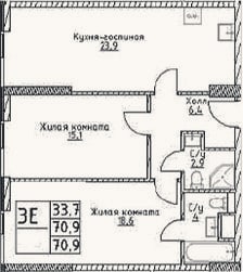 Планировка: 3-к, 70,9 м²