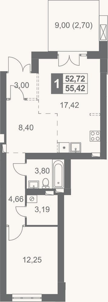 Планировка: 2-к, 52,7 м²