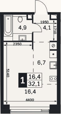 Планировка: Студия, 32,1 м²