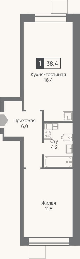 Планировка: 2-к, 38,4 м²