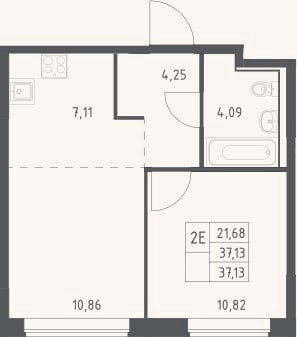 Планировка: 2-к, 37,1 м²