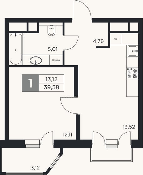 Планировка: 1-к, 35,4 м²