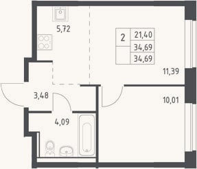 Планировка: 2-к, 34,7 м²