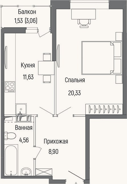 Планировка: 1-к, 45,4 м²