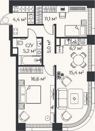 Планировка: 3-к, 64,4 м²