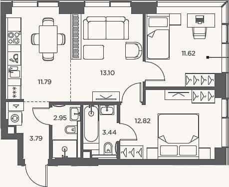 Планировка: 3-к, 59,5 м²