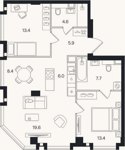 Планировка: 3-к, 79 м²