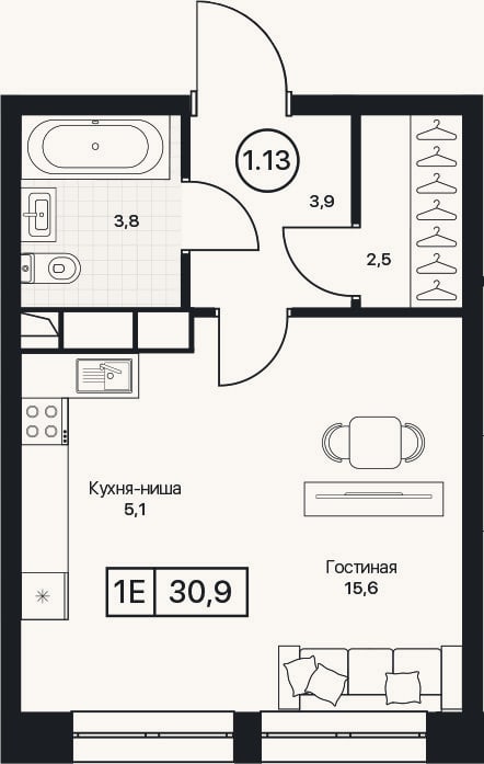 Планировка: Студия, 30,9 м²