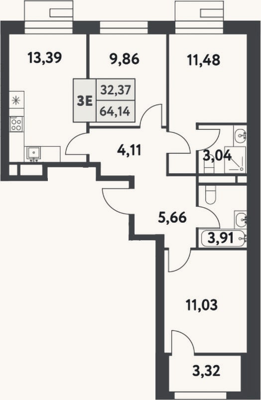 Планировка: 3-к, 62,5 м²