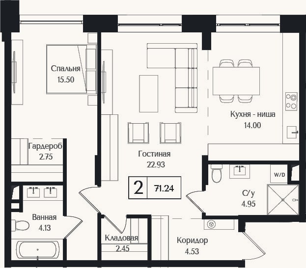 Планировка: 2-к, 71,2 м²