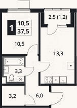 Планировка: 1-к, 36,3 м²