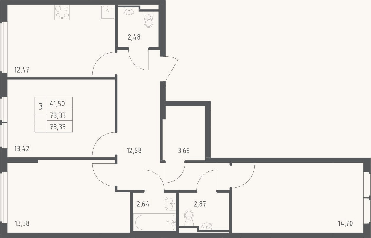 Планировка: 3-к, 78,3 м²