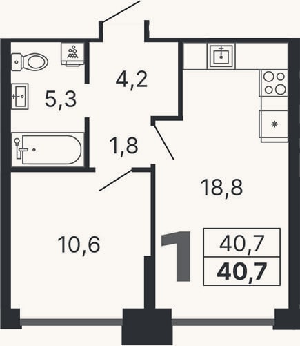Планировка: 1-к, 40,7 м²
