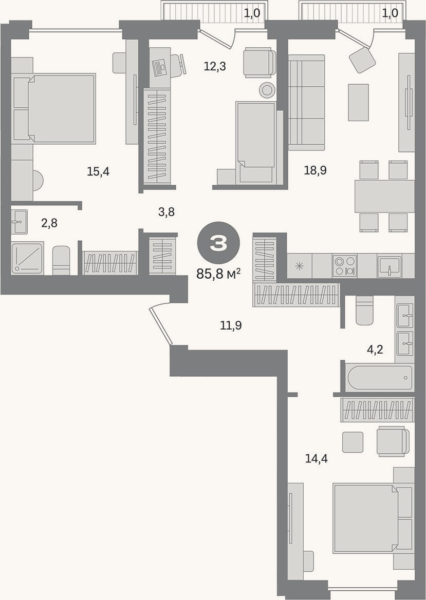 Планировка: 3-к, 83,8 м²
