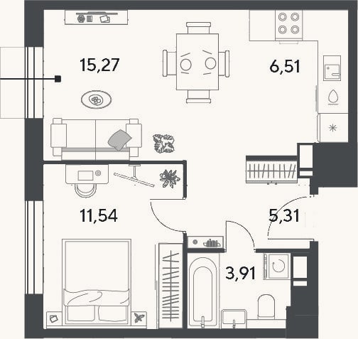 Планировка: 2-к, 42,5 м²