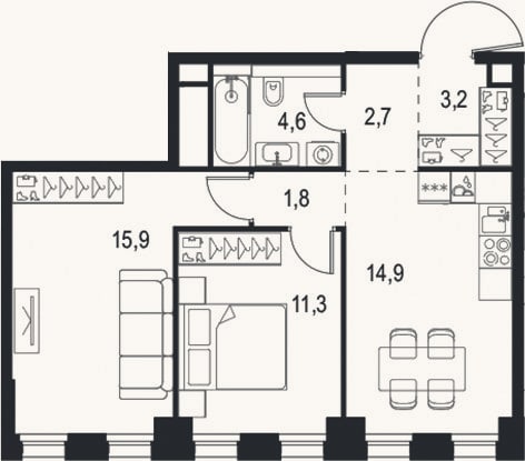 Планировка: 2-к, 54,4 м²