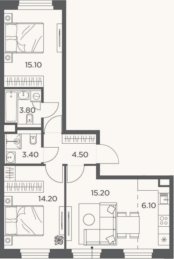 Планировка: 3-к, 62,3 м²