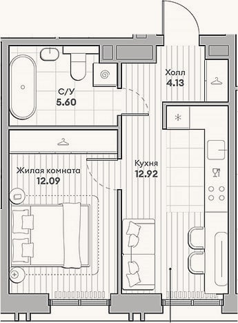 Планировка: 1-к, 34,7 м²