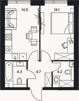 Планировка: 1-к, 41,8 м²