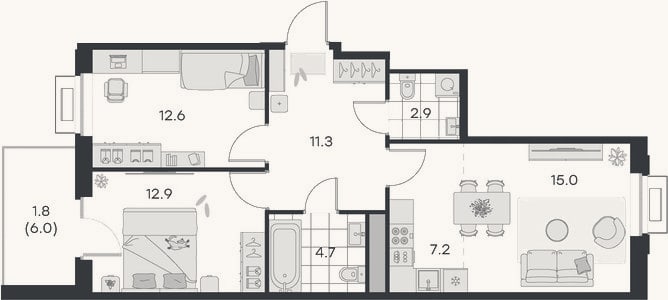 Планировка: 3-к, 67,8 м²
