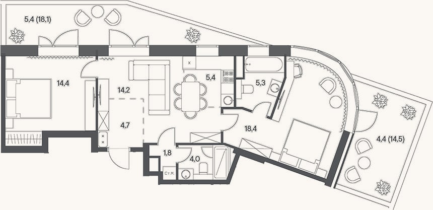 Планировка: 3-к, 68,2 м²