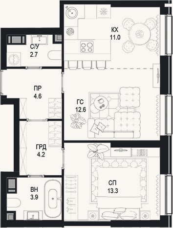 Планировка: 2-к, 52,3 м²