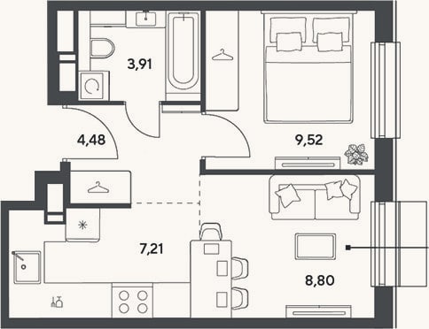 Планировка: 2-к, 33,9 м²