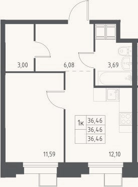 Планировка: 1-к, 36,5 м²