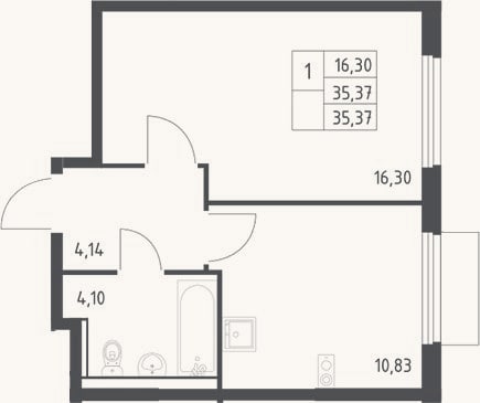 Планировка: 1-к, 35,4 м²