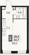 Планировка: Студия, 33,7 м²