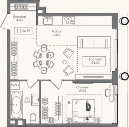 Планировка: 2-к, 56,4 м²
