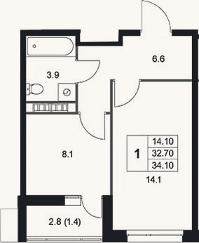 Планировка: 1-к, 32,7 м²