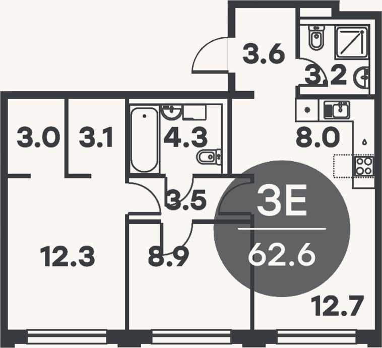 Планировка: 3-к, 62,6 м²