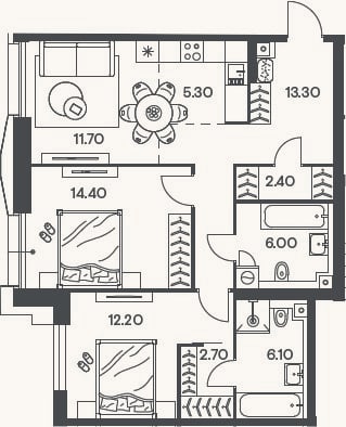 Планировка: 3-к, 74,1 м²