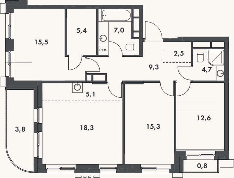 Планировка: 4+ к, 95,7 м²