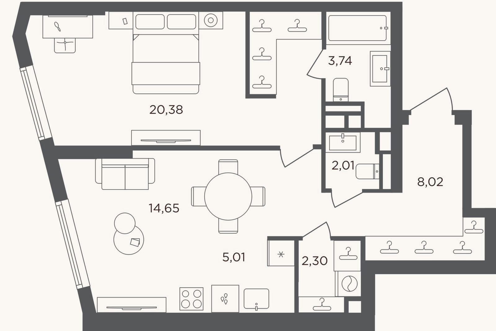 Планировка: 2-к, 56,1 м²