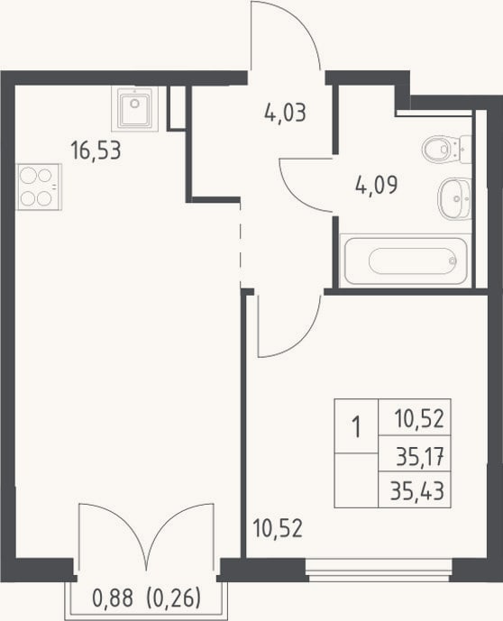 Планировка: 2-к, 35,2 м²