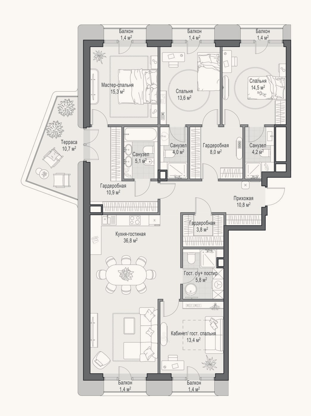 Планировка: 4+ к, 146,4 м²