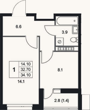 Планировка: 1-к, 32,7 м²