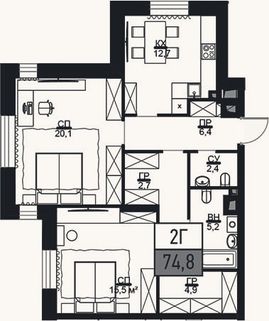 Планировка: 2-к, 75 м²