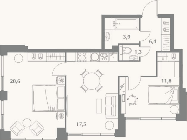 Планировка: 3-к, 61,5 м²