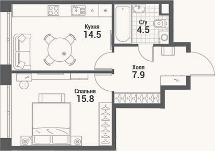 Планировка: 1-к, 42,7 м²
