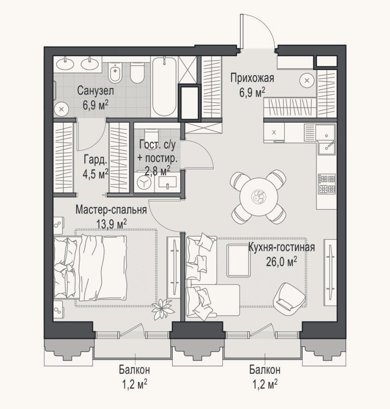 Планировка: 2-к, 60,7 м²