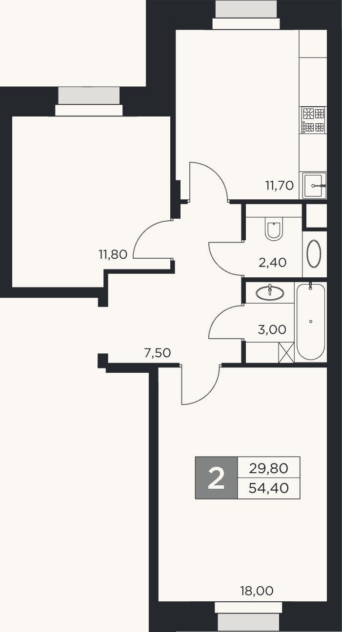 Планировка: 2-к, 54,4 м²