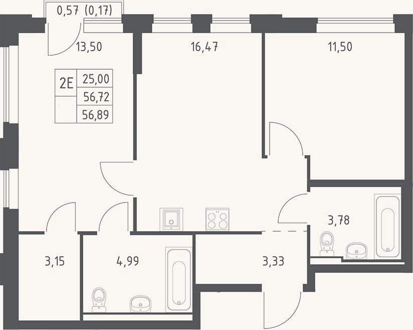 Планировка: 3-к, 56,7 м²
