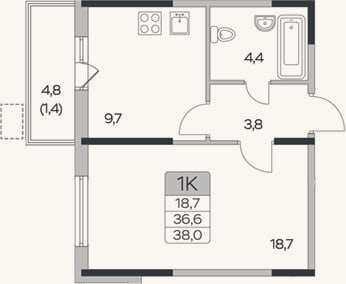 Планировка: 1-к, 36,6 м²